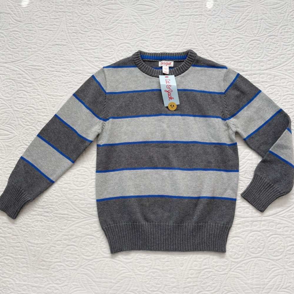 Cat & Jack Boys' Striped Knit Sweater, Grey / Blue Sz S 6-7